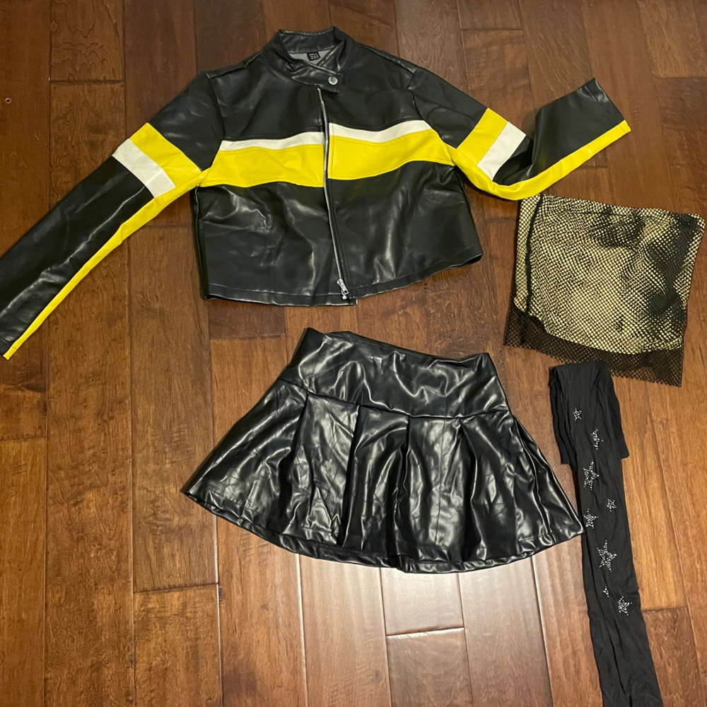 Black and Yellow Jacket with Skirt, mesh top and tights